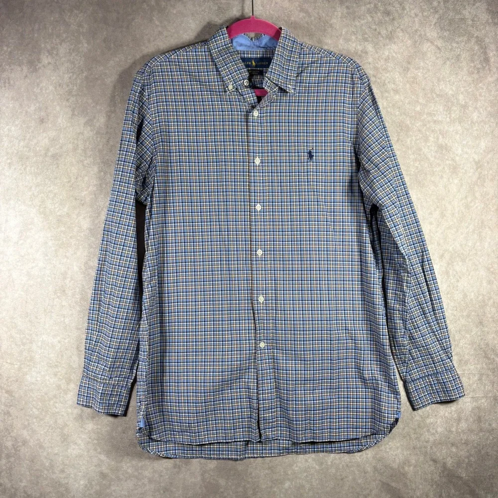 Ralph Lauren Button Down Shirt Mens Medium Blue Plaid Cotton Stretch Long Sleeve